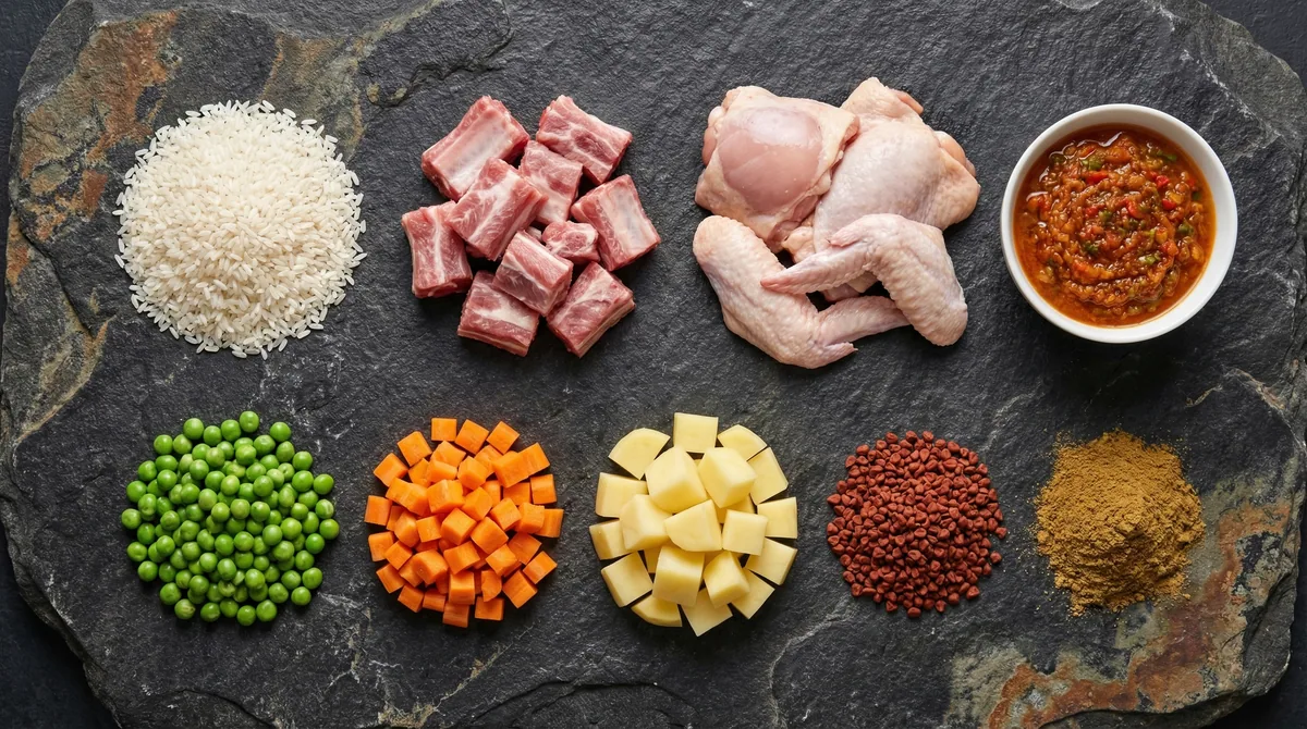 Ingredientes del arroz atollado: costilla de cerdo, pollo, longaniza, papa y hogao