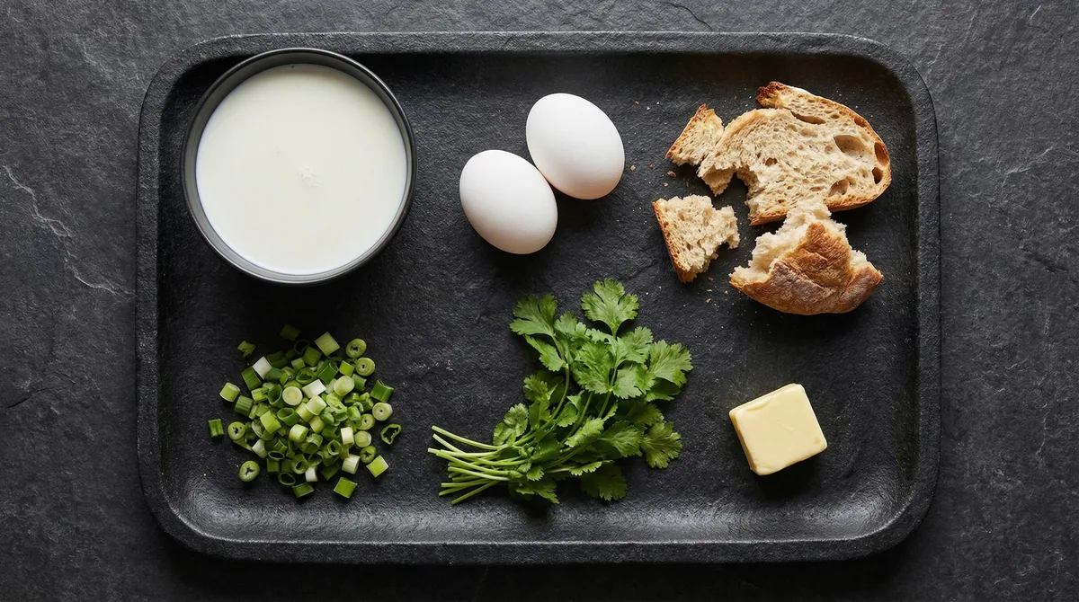 Ingredientes de la changua: leche, huevos, cilantro, cebolla larga y pan calado