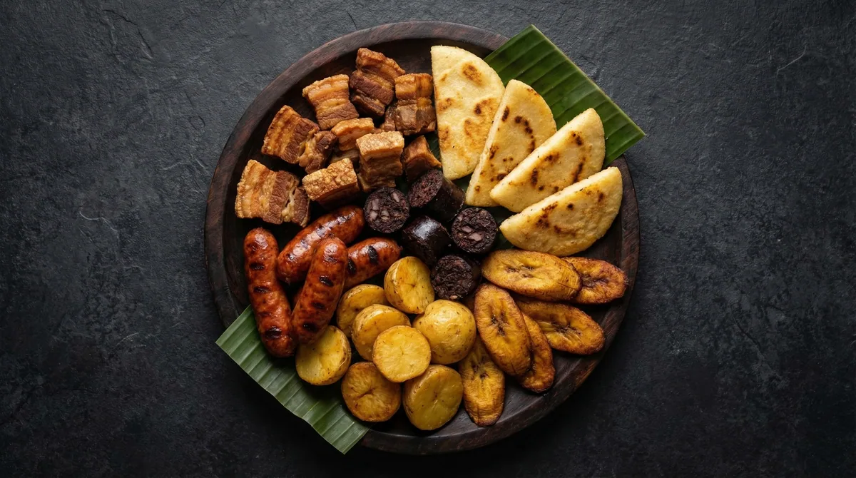 Fritanga colombiana con chicharron, morcilla, chorizo, platano, papa y arepa
