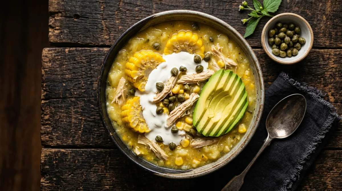 Ajiaco bogotano con pollo, maiz y alcaparras