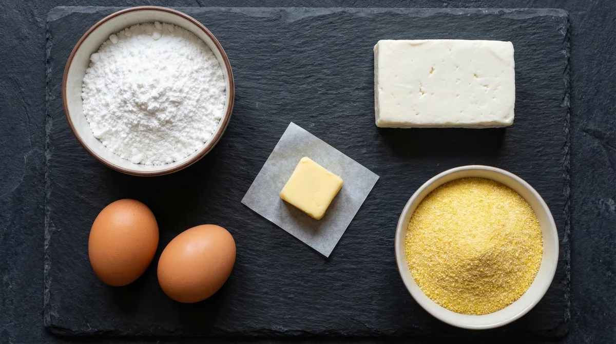 Ingredientes del pandebono: almidon de yuca, queso costeno, cuajada, huevo y leche