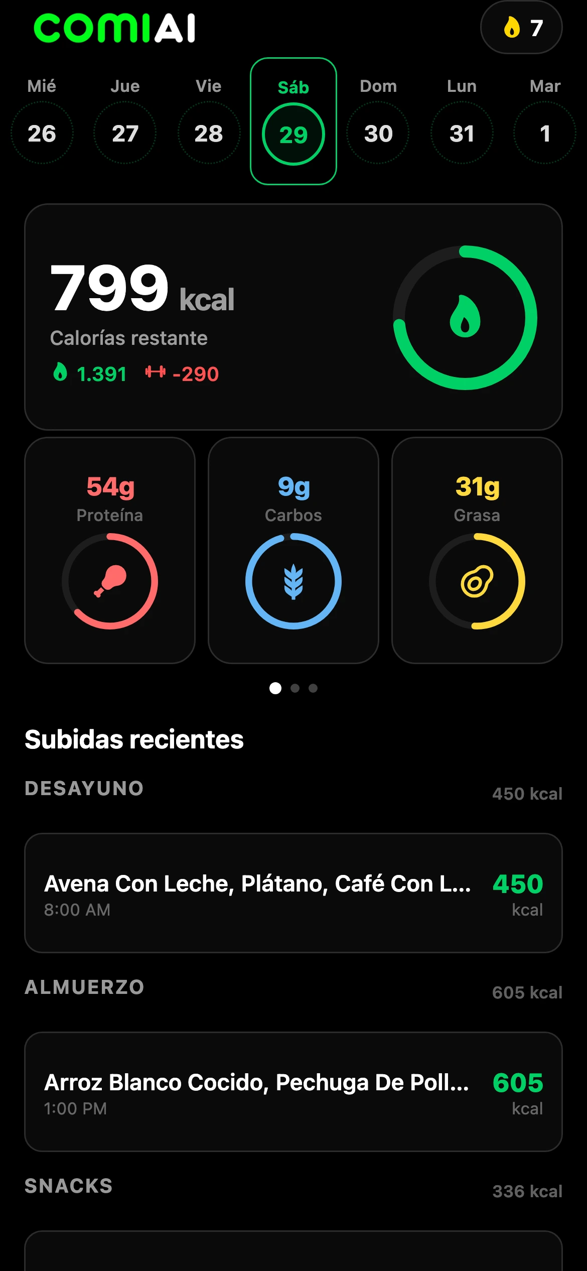 Inicio de ComiAI: calorías restantes y macros del día